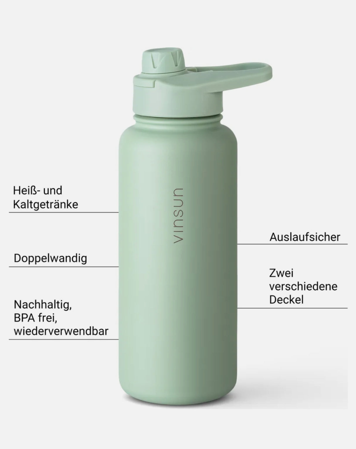 🌟 Vinsun Edelstahl Trinkflasche 1L – Grün Grau