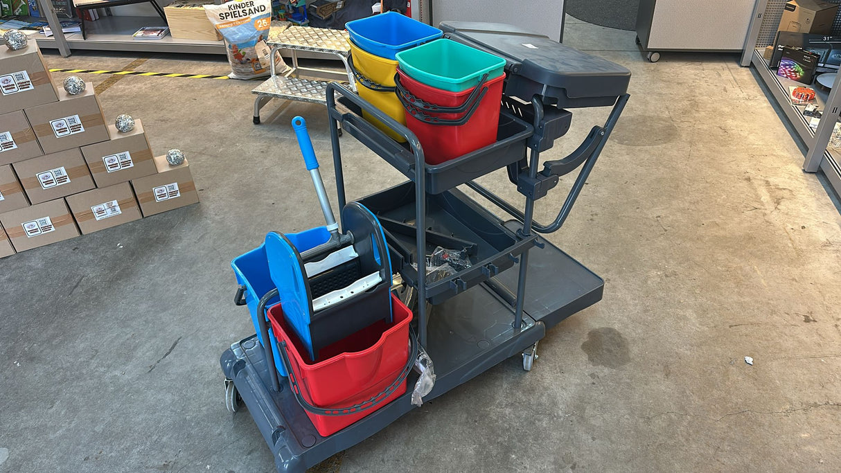 🧼 Reinigungswagen mit Presse, Müllsackständer & 6 Eimern - B-Ware