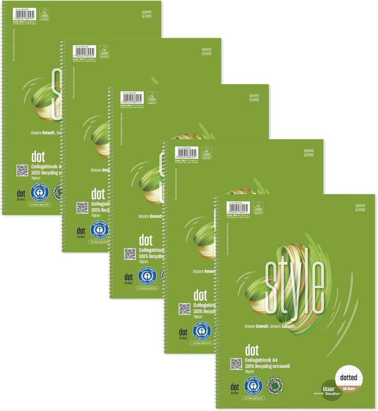 Staufen Ursus Style Collegeblock A4 Dotted, 80 Blatt, 5 Stück – Green Edition