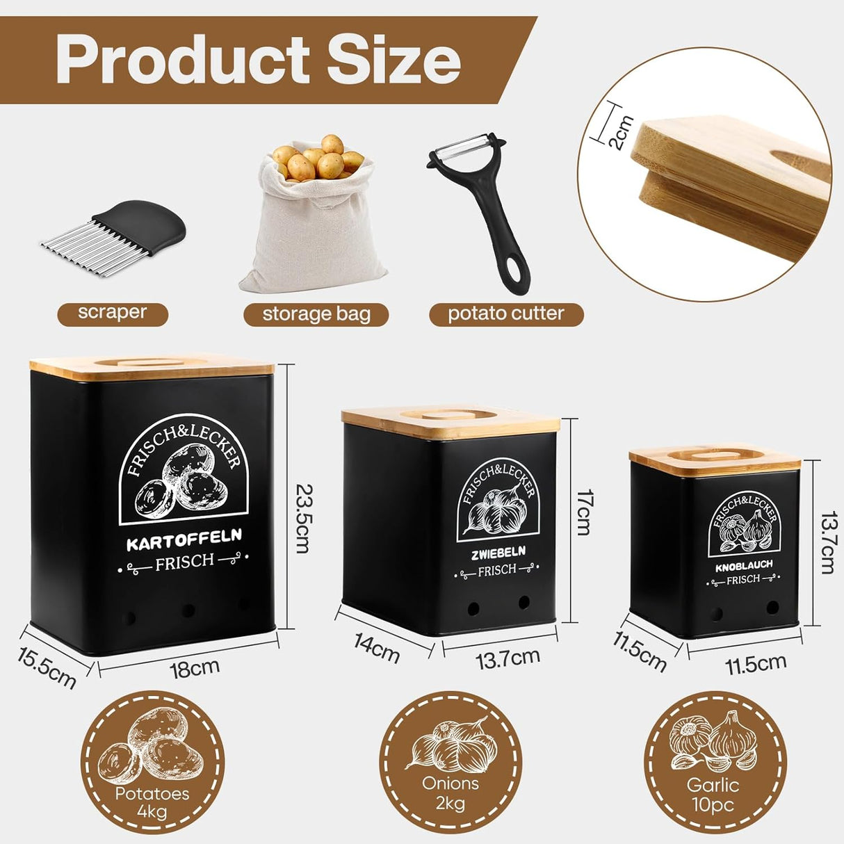 🧅 ITMNMNL Küchenbehälter 3er-Set mit Holzdeckel