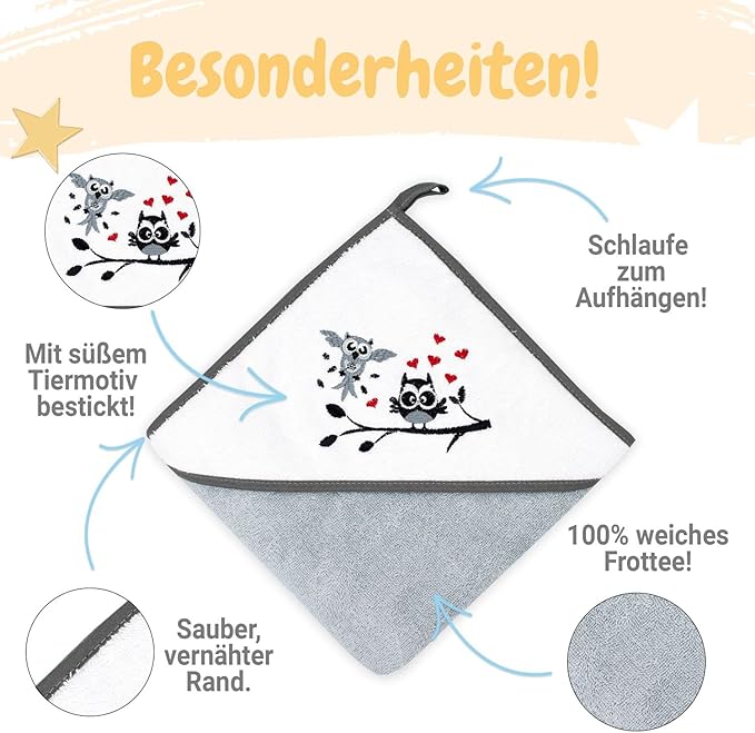 🦉 Babykajo Kapuzenhandtuch Baby – Eule Grau