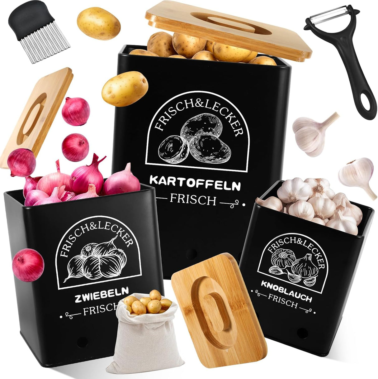 🧅 ITMNMNL Küchenbehälter 3er-Set mit Holzdeckel