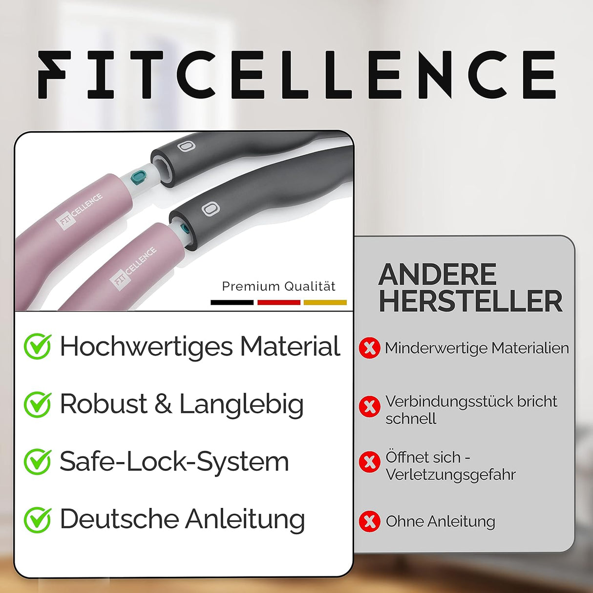 🌟 FITCELLENCE® Hula Hoop Reifen für Erwachsene – 1,2 kg, 90 cm Durchmesser, inkl. Anleitung 🌟