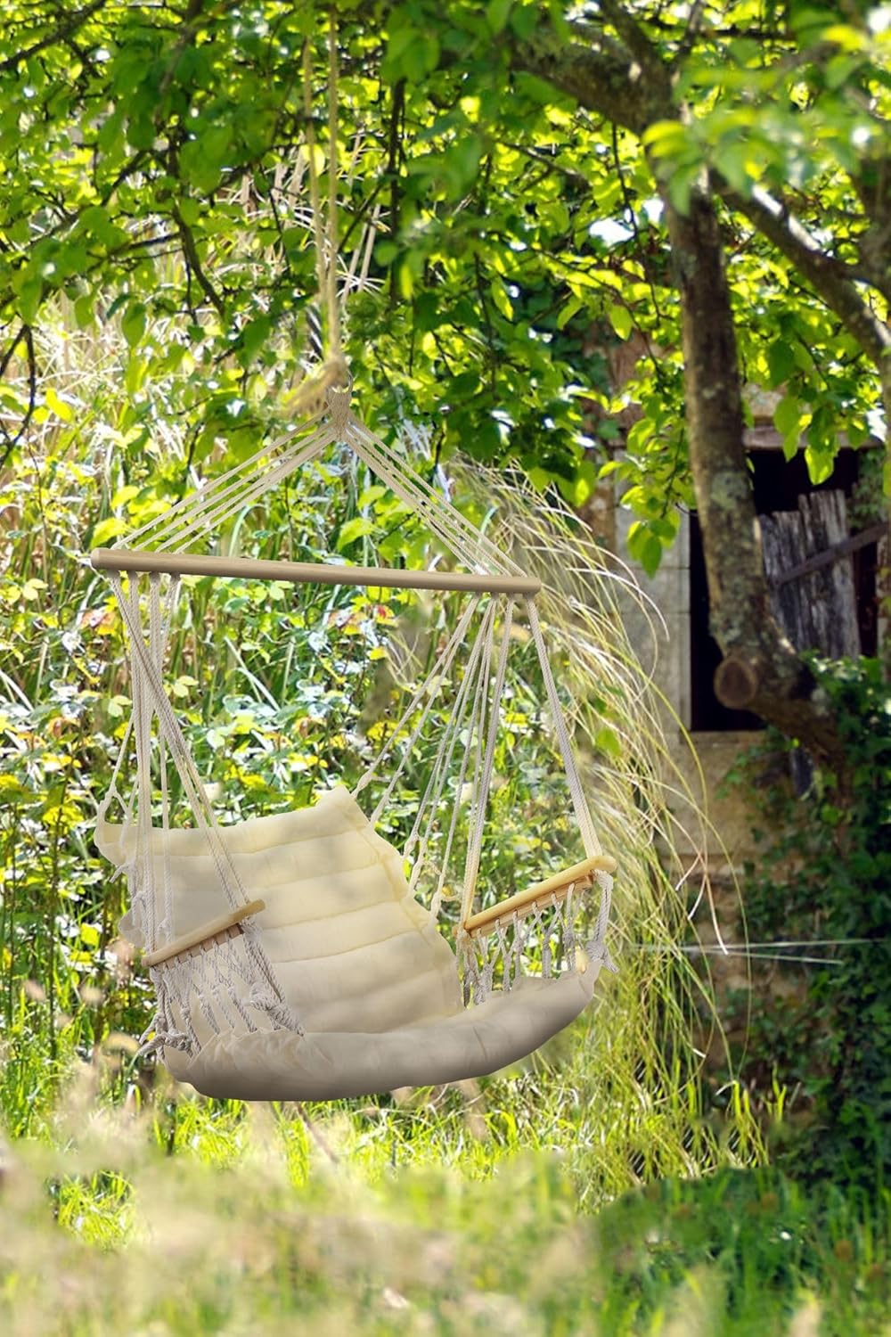 🪑 ALEOS. Hängesessel Beige mit Kissen