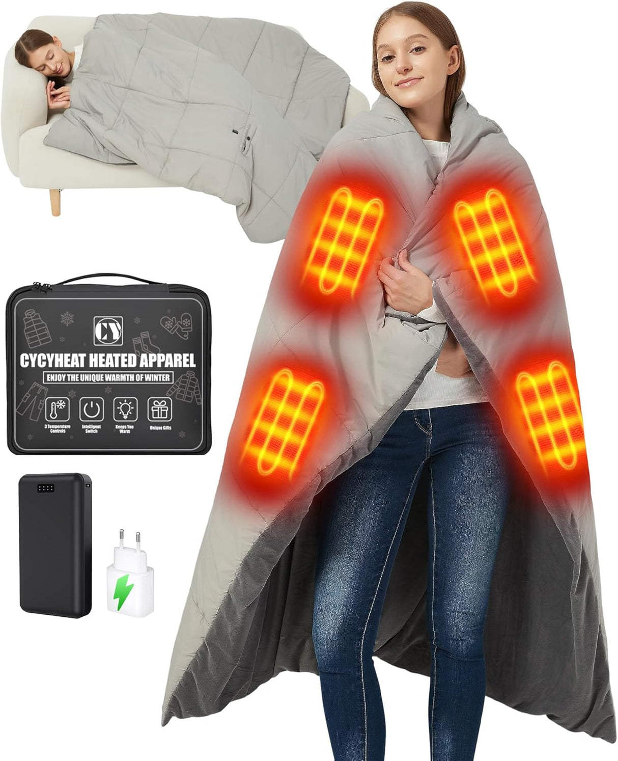 🛋️ CYCYHEAT Kabellose Heizdecke – Grau – B-Ware