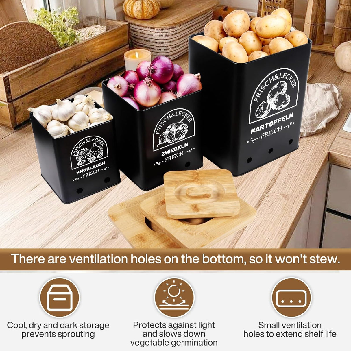 🧅 ITMNMNL Küchenbehälter 3er-Set mit Holzdeckel