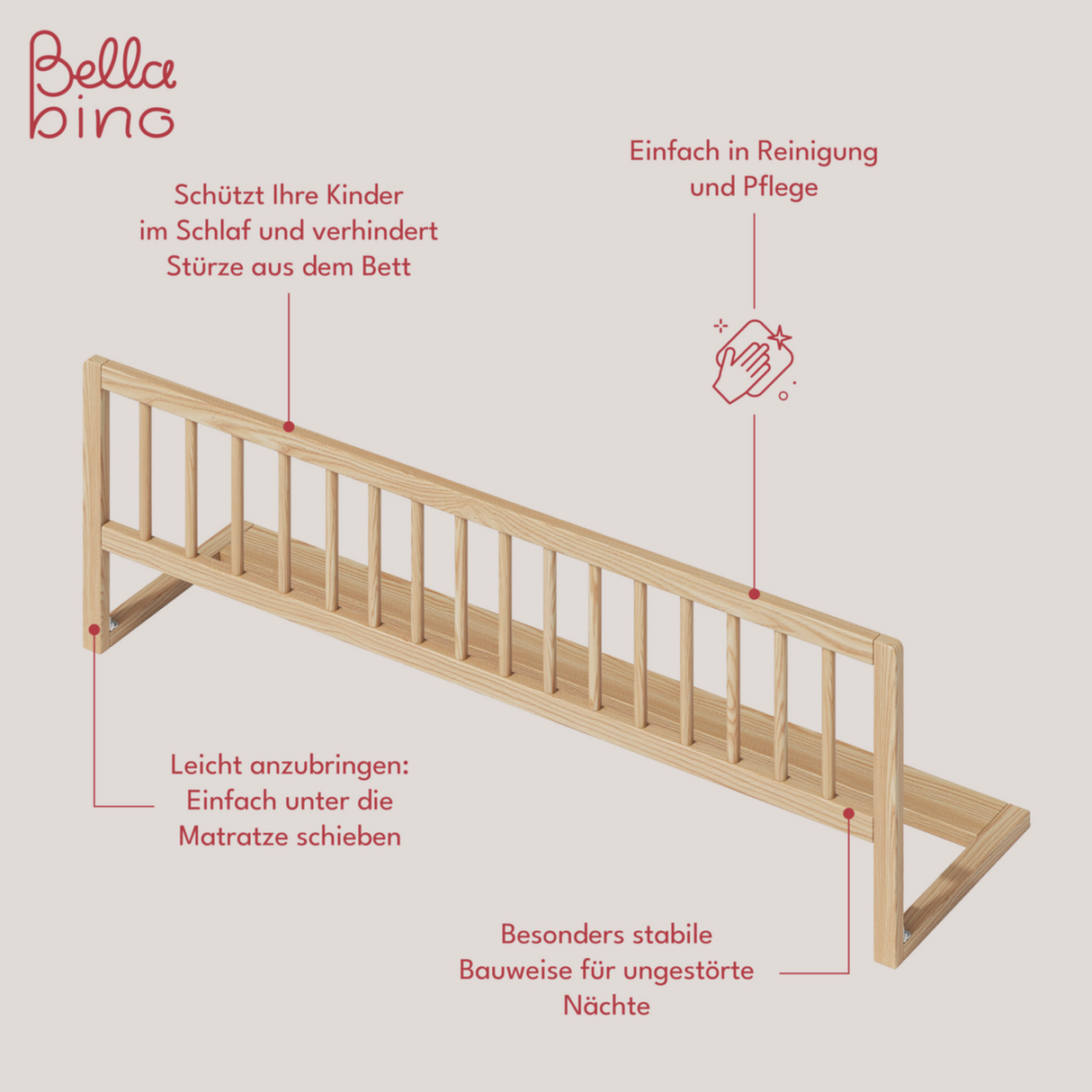 Bellabino Yuna Bettschutzgitter – 37 × 115 × 33 cm, natur, Kiefer massiv
