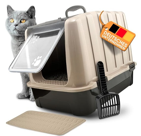 🐱 Katzenklo mit Deckel & Aktivkohlefilter – inkl. Matte & Schaufel, Beige - B-Ware