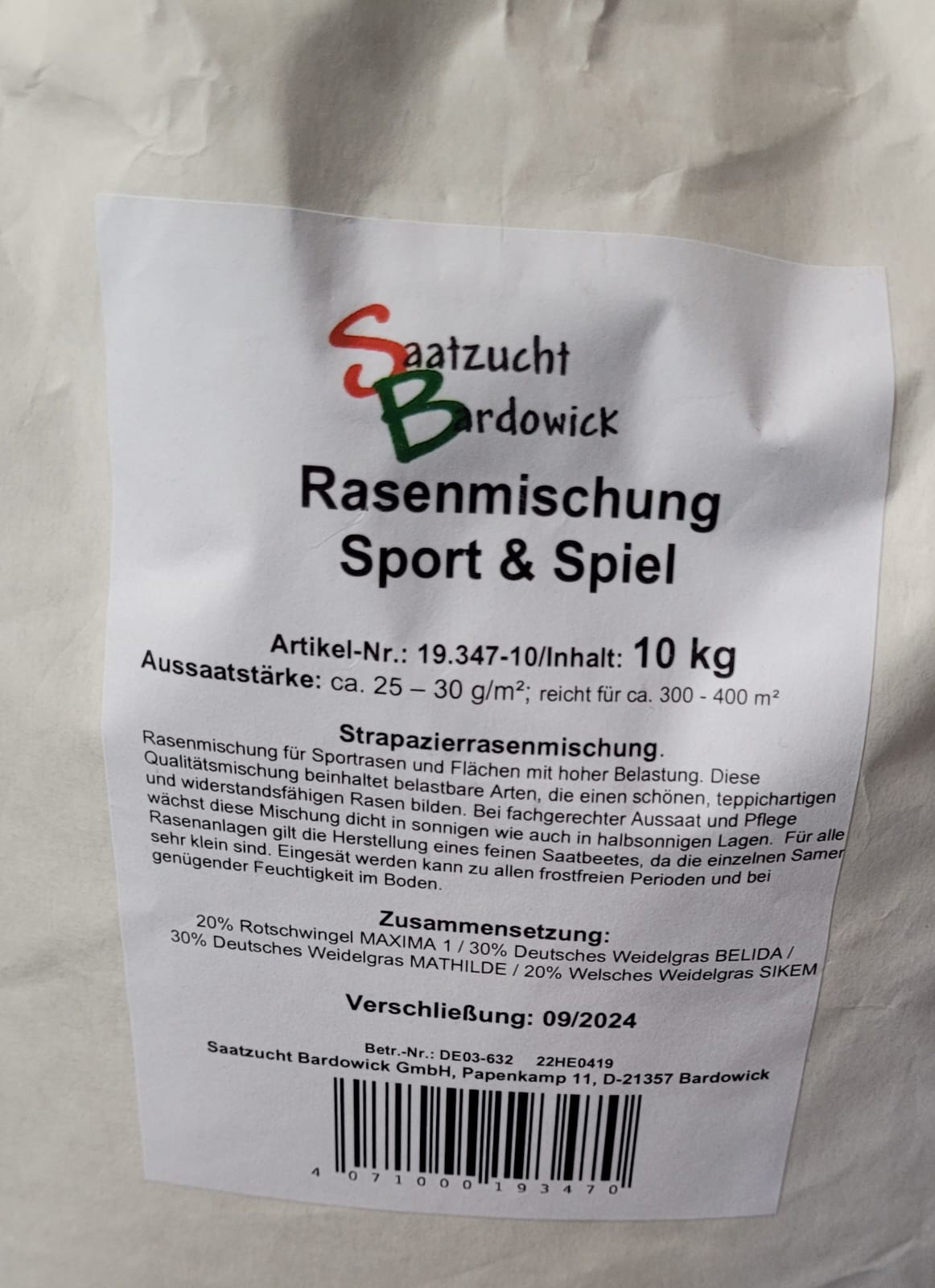 🌱 Saatzucht Bardowick Sport- & Spielrasen 10kg