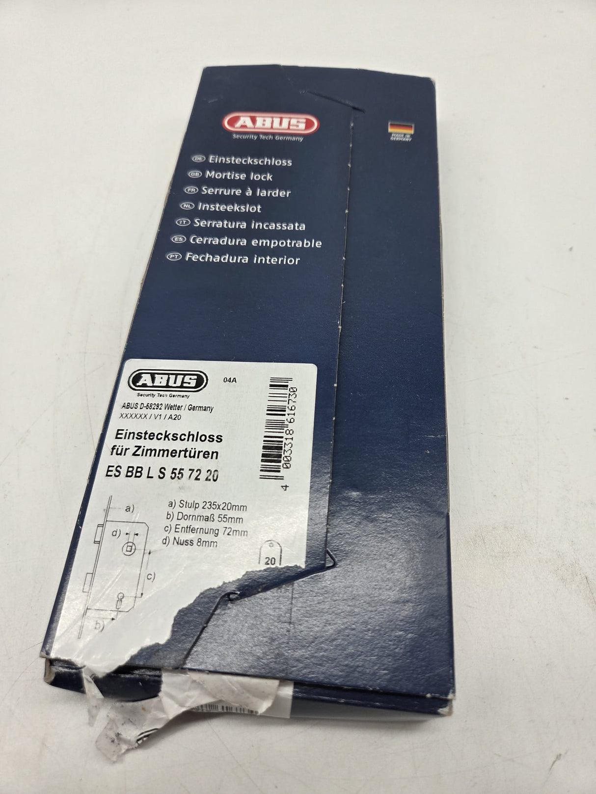 Abus ES BB L S 55/72/20 – Einsteckschloss für Zimmertüren, silber (B-Ware)