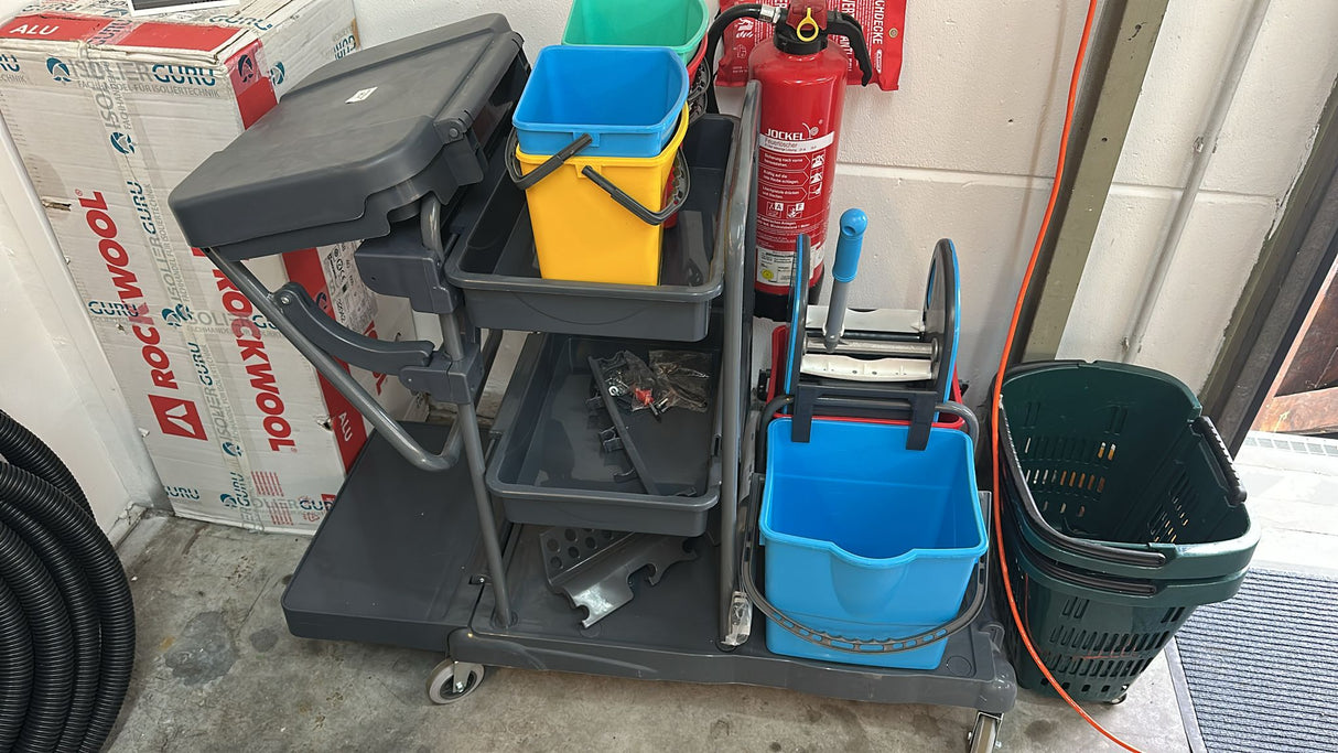 🧼 Reinigungswagen mit Presse, Müllsackständer & 6 Eimern - B-Ware