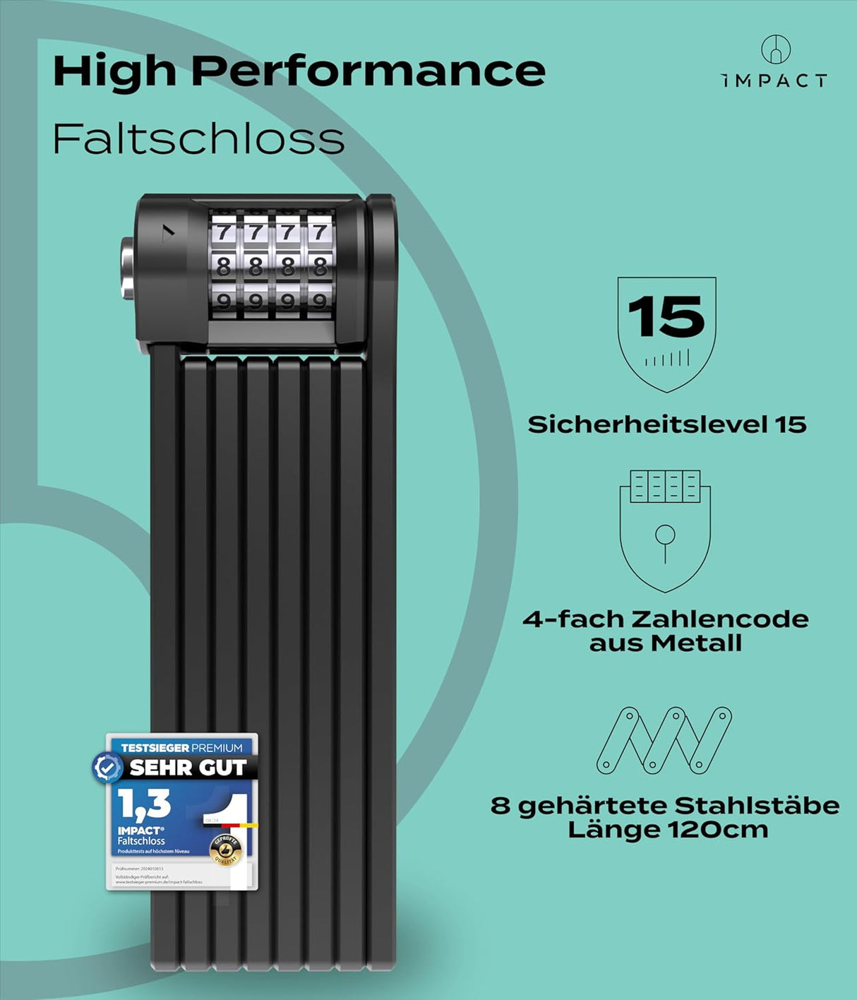 Impact PortaLock 15 – Faltschloss mit Zahlencode, 110 cm, Sicherheitslevel 15 (B-Ware)