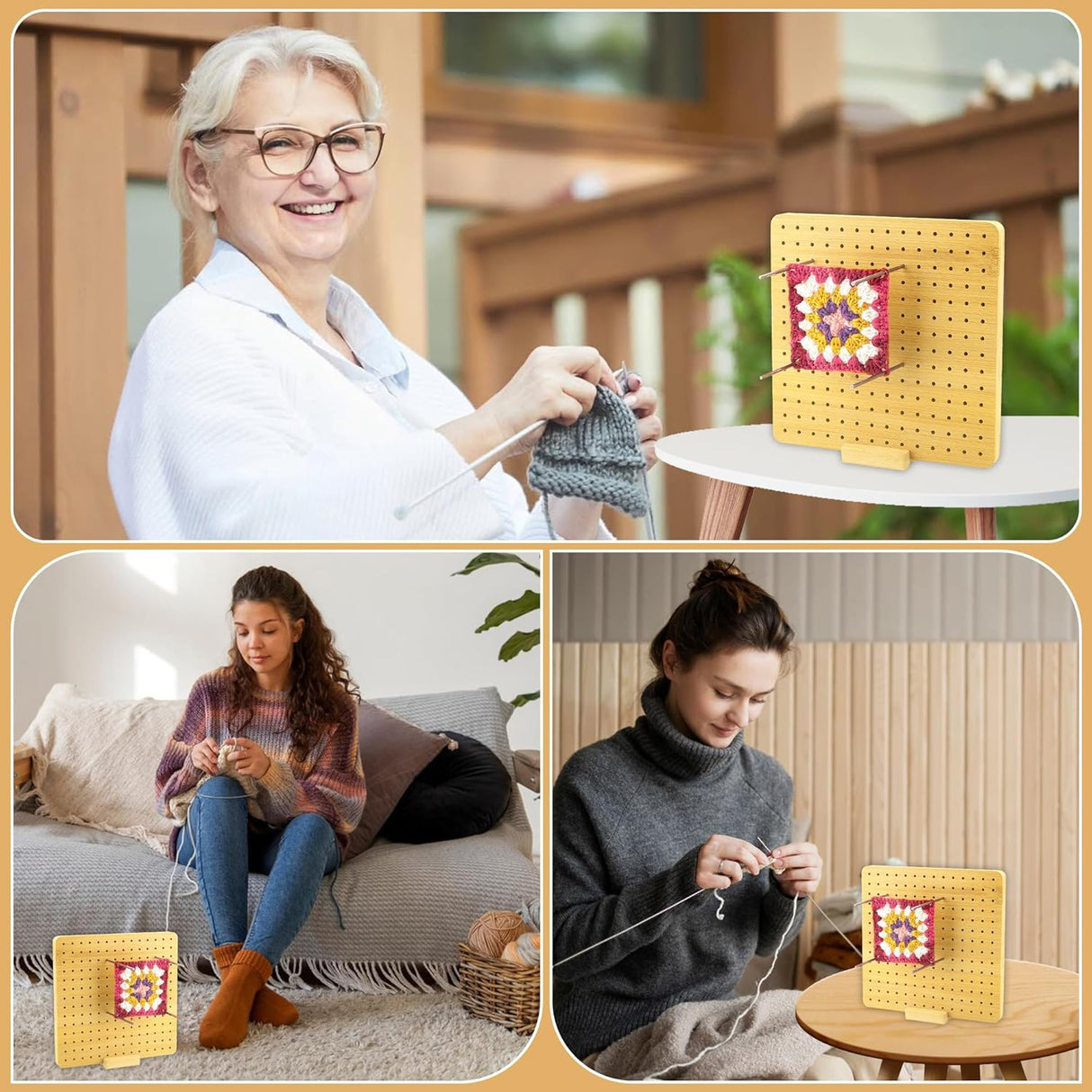 🌟 COWVTUJ Sperrbrett für Granny Square – Handcrafted Wooden Blocking Board für Häkelprojekte, Komplettset mit 20 Edelstahl-Stabstiften und 5 Nadeln, 19,6 cm, B-Ware 🌟