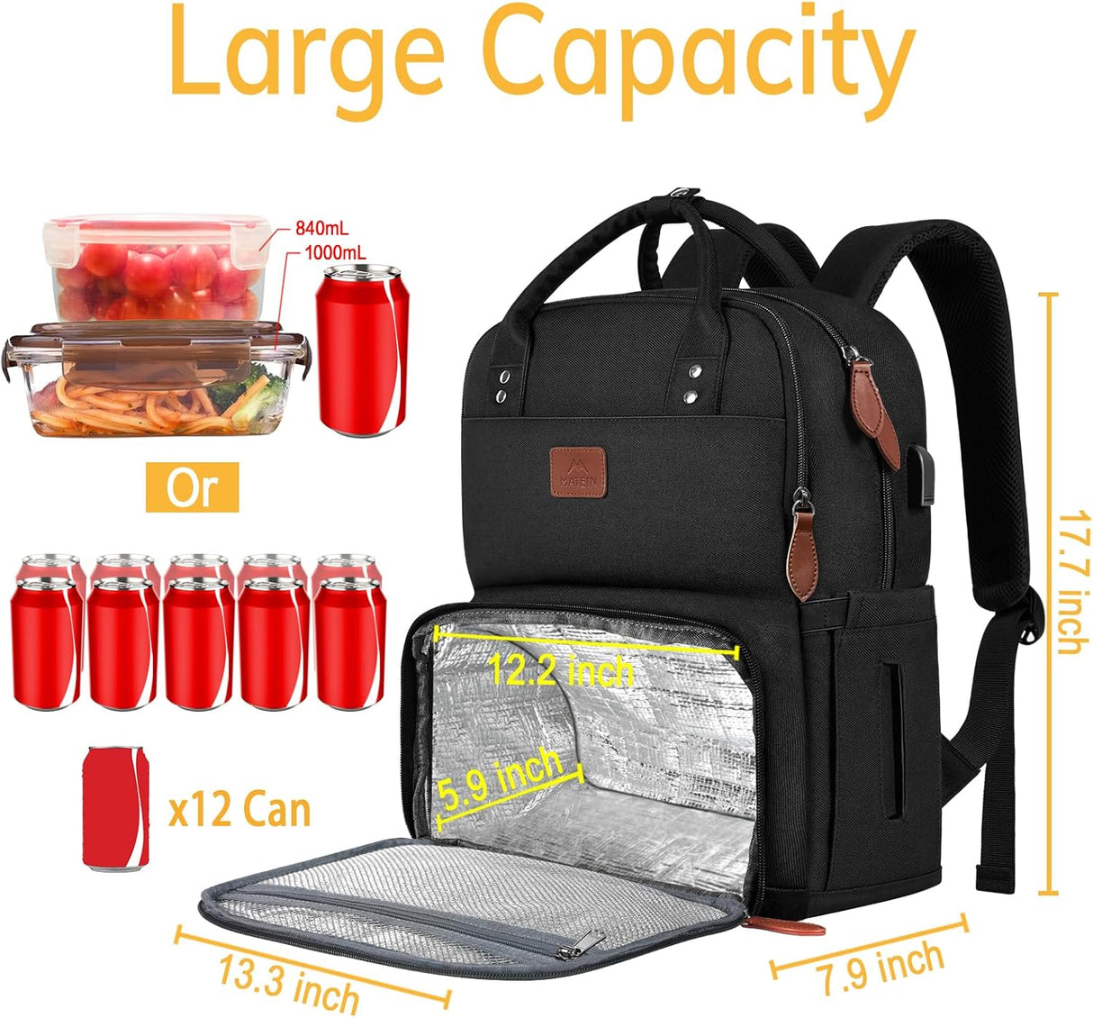 🌟 MATEIN Laptop Lunch Rucksack – 17 Zoll, mit isoliertem Kühlfach und USB-Anschluss, Schwarz 🌟