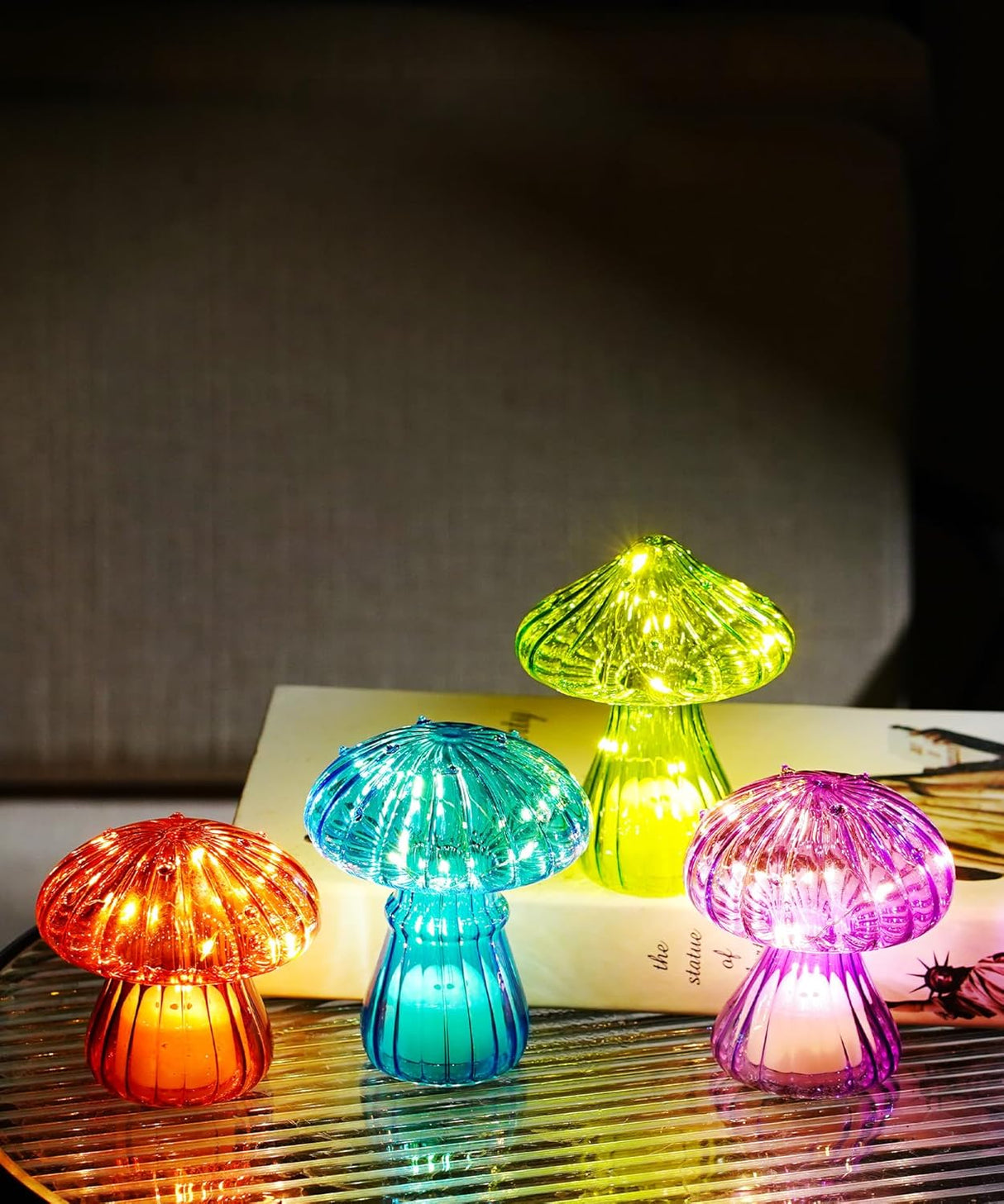 🍄 4er Set Glas Pilz LED Deko Lichter – Stimmungslicht für Wohnzimmer & Schlafzimmer - neu