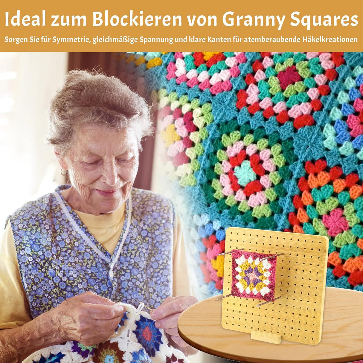 🌟 COWVTUJ Sperrbrett für Granny Square – Handcrafted Wooden Blocking Board für Häkelprojekte, Komplettset mit 20 Edelstahl-Stabstiften und 5 Nadeln, 19,6 cm, B-Ware 🌟