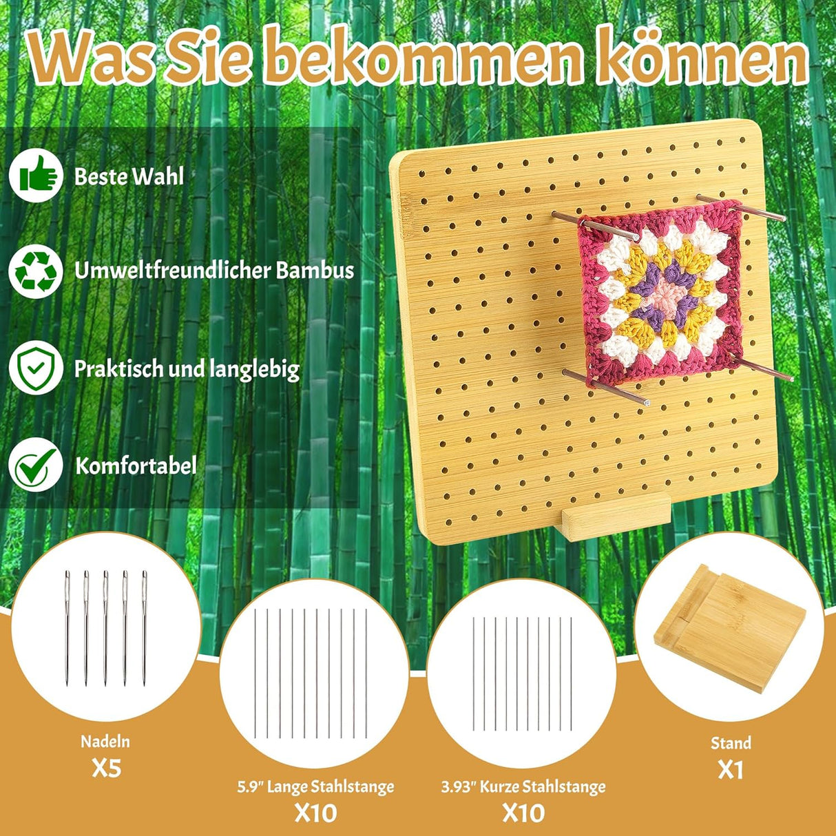 🌟 COWVTUJ Sperrbrett für Granny Square – Handcrafted Wooden Blocking Board für Häkelprojekte, Komplettset mit 20 Edelstahl-Stabstiften und 5 Nadeln, 19,6 cm, B-Ware 🌟