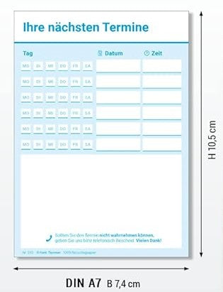 📅 Terminzettel Praxis – 12×50 Blatt, blau, 6 Termine pro Zettel, neu