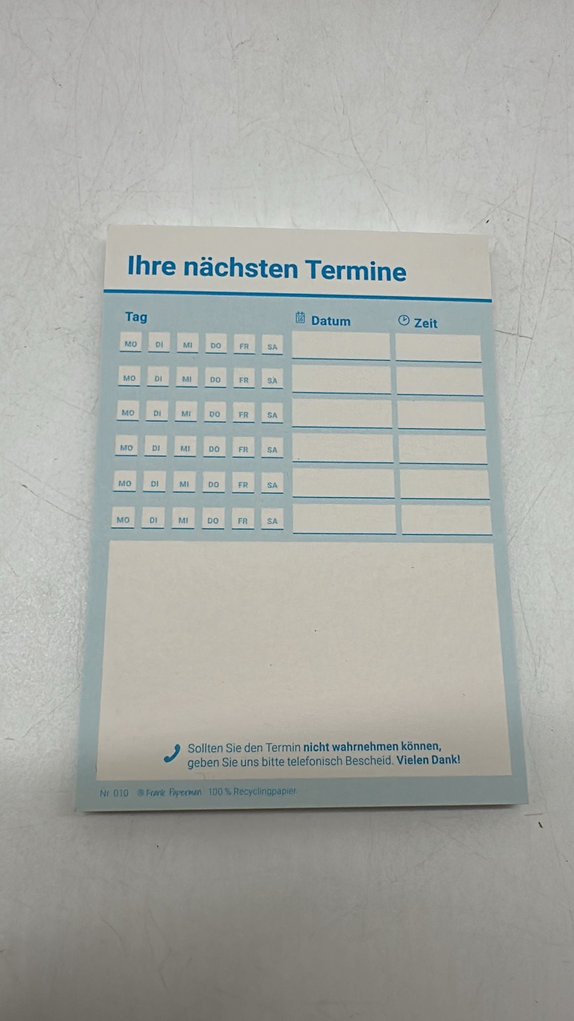 📅 Terminzettel Praxis – 12×50 Blatt, blau, 6 Termine pro Zettel, neu