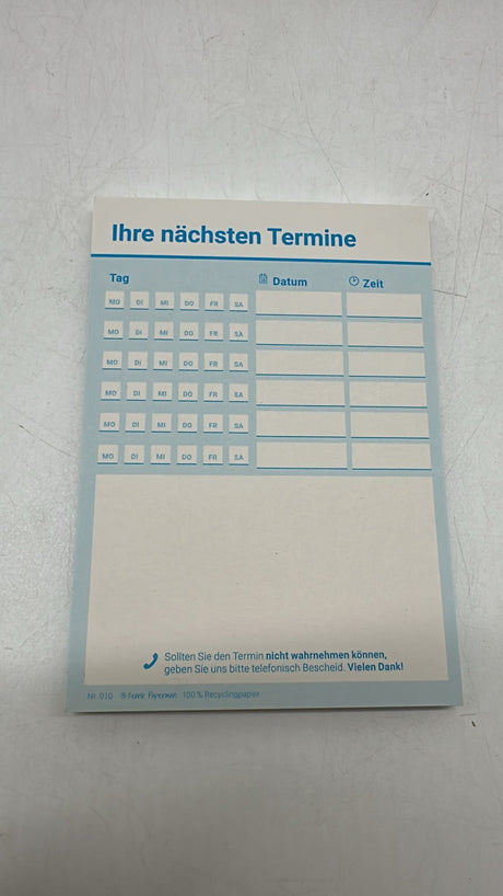 📅 Terminzettel Praxis – 12×50 Blatt, blau, 6 Termine pro Zettel, neu
