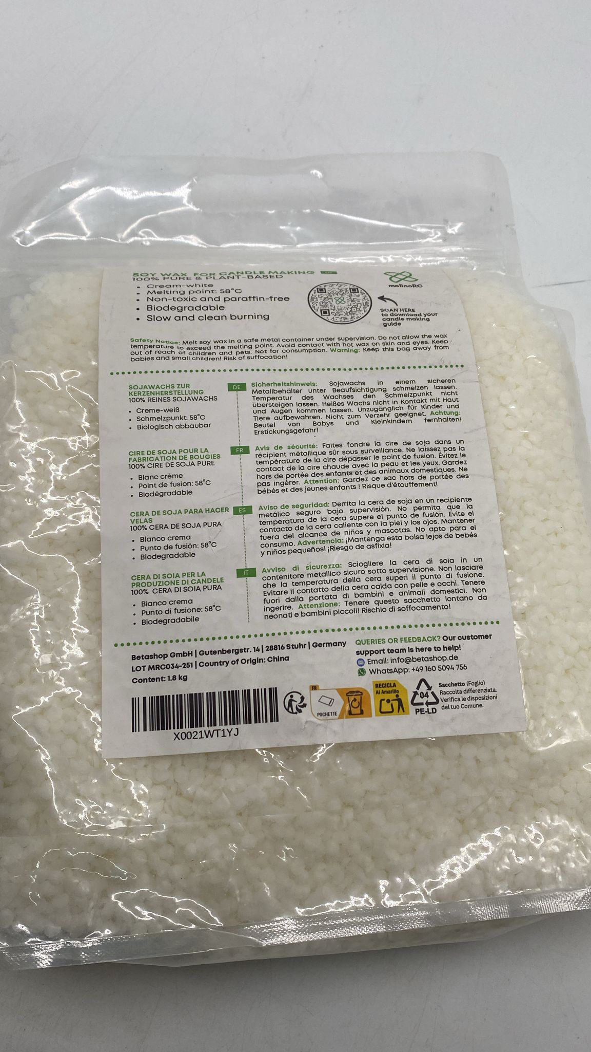 🕯️ molinoRC Sojawachs 1,8 kg – Kerzenwachs pflanzlich DIY Premium - neu