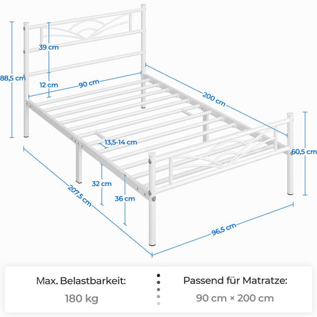 🌟 YAHEETECH Bettgestell Metallbett – Weiß – 90x200cm