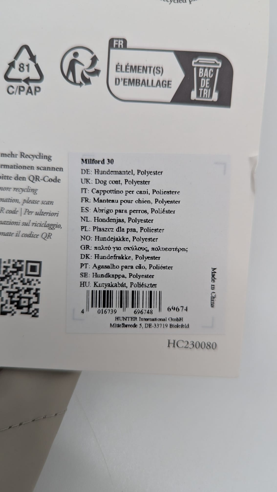 🐾 HUNTER Hunde-Regenmantel Milford – Taupe (Größe 30) - NEU