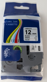 Schriftbandkassette laminiert TZC-231 – 12 mm, Schwarz auf Weiß