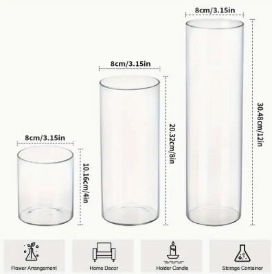 🌟 3er-Set Glaszylinder Vasen in Verschiedenen Größen – Ideal für Hochzeitsdekorationen und Rustikale Wohnkultur 🌟